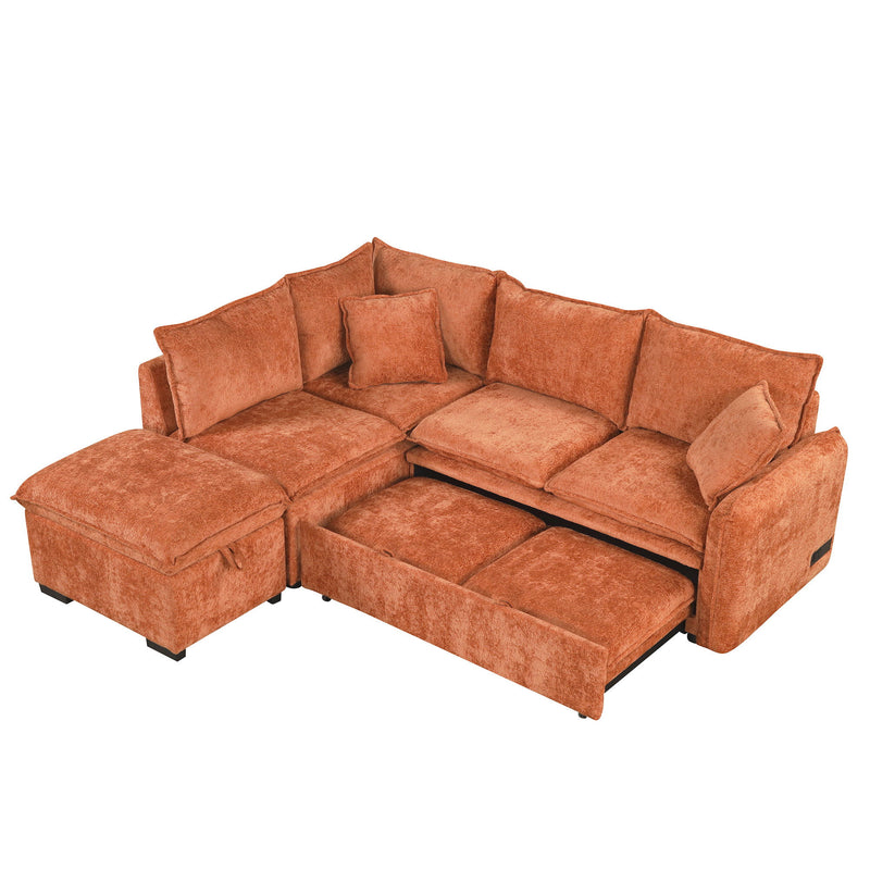 Convertible Sofa Bed Sectional Sofa Sleeper L-Shaped Sofa With A Storage Ottoman, Two Pillows, Two Power Sockets And Two USB Ports For Living Room