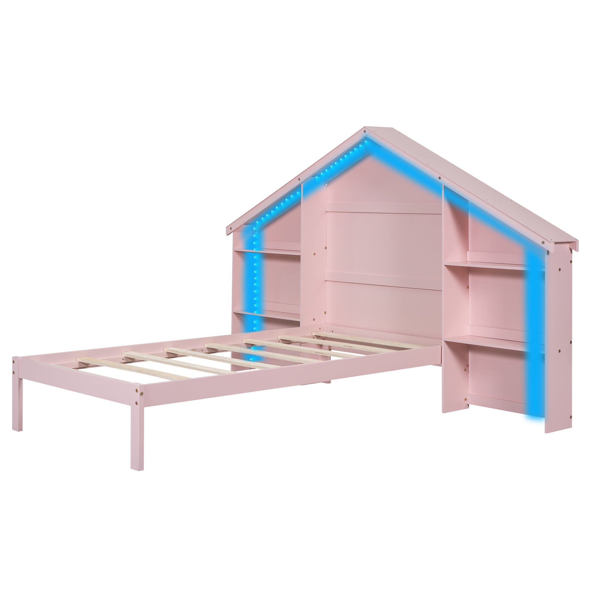 Wood Twin Size Platform Bed with House-shaped Storage Headboard and Built-in LED, Pink - Atlantic Fine Furniture Melbourne FL