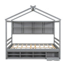 Full House Bed with Roof Frame, Bedside-shelves, Under Bed Storage Unit,Grey