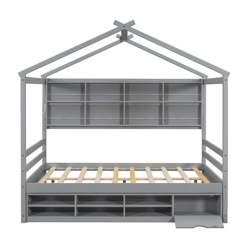 Full House Bed with Roof Frame, Bedside-shelves, Under Bed Storage Unit,Grey