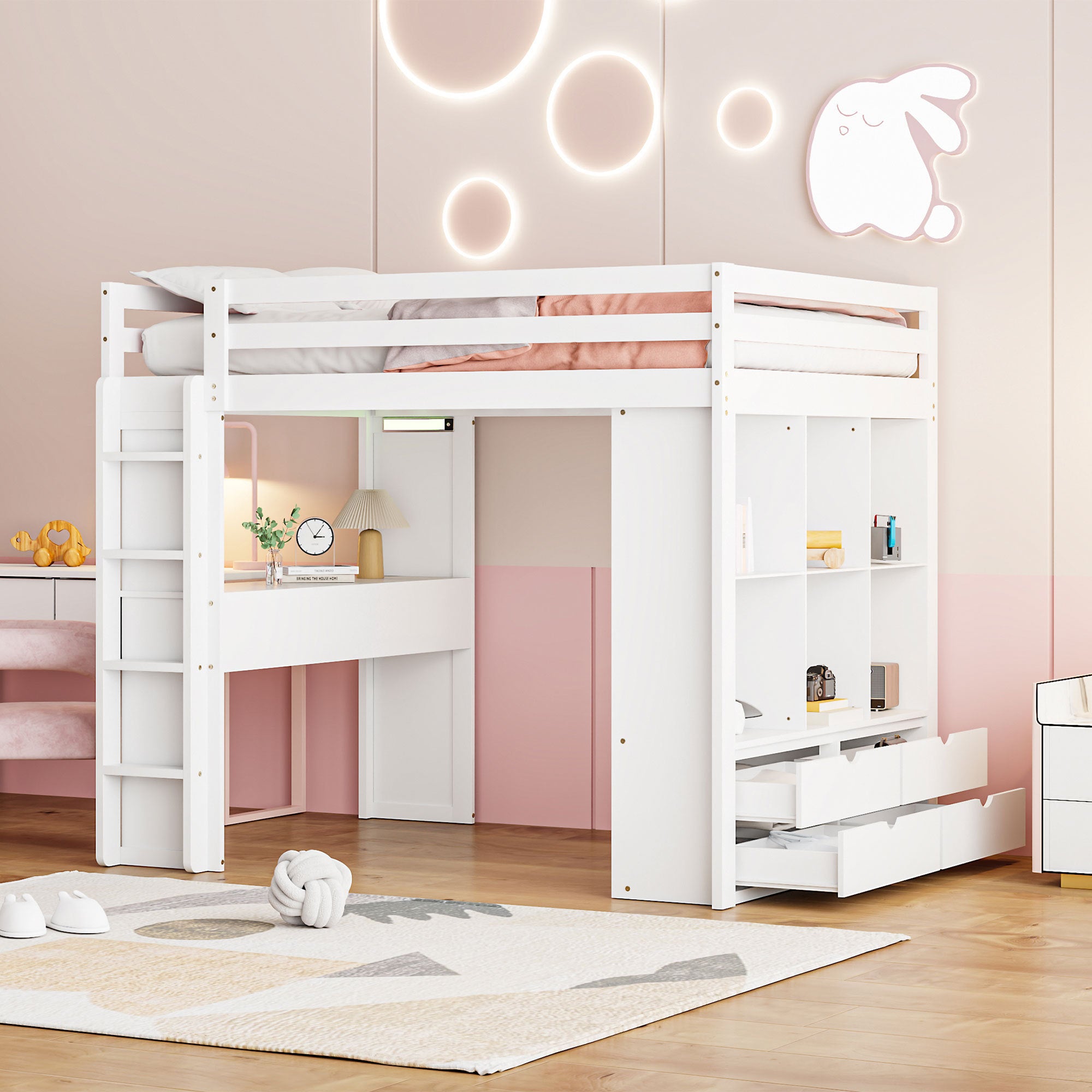 Full Size Loft Bed with large shelves, writing desk and LED Light, White - Atlantic Fine Furniture Melbourne FL