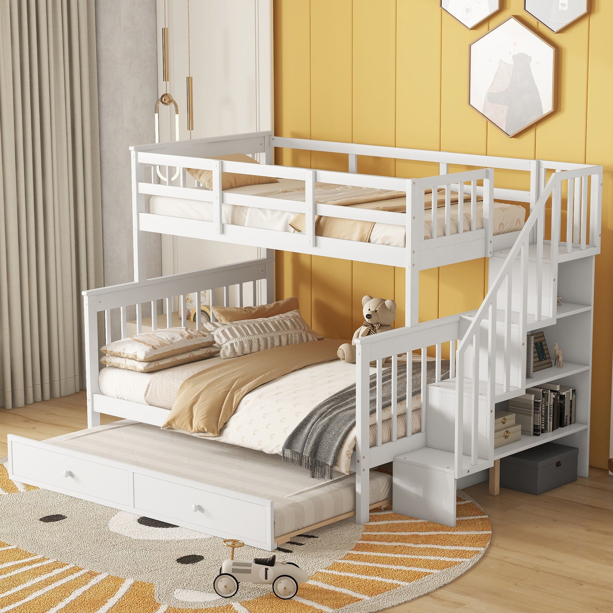 Twin-Over-Full Bunk Bed with Twin size Trundle, Storage and Guard Rail for Bedroom, Dorm, for Adults, White(OLD SKU :LT000119AAK) - Atlantic Fine Furniture Melbourne FL
