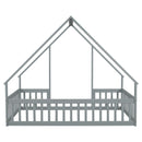 Full Wood House-Shaped Floor Bed with Fence, Guardrails,Grey