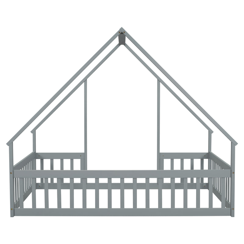 Full Wood House-Shaped Floor Bed with Fence, Guardrails,Grey