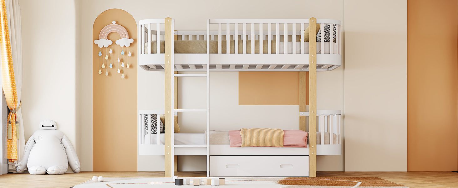 Wood Twin over Twin Bunk Bed with Fence Guardrail and a Big Drawer, White - Atlantic Fine Furniture Melbourne FL