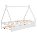 Twin size Tent Floor Bed, Teepee Bed, with Trundle,White