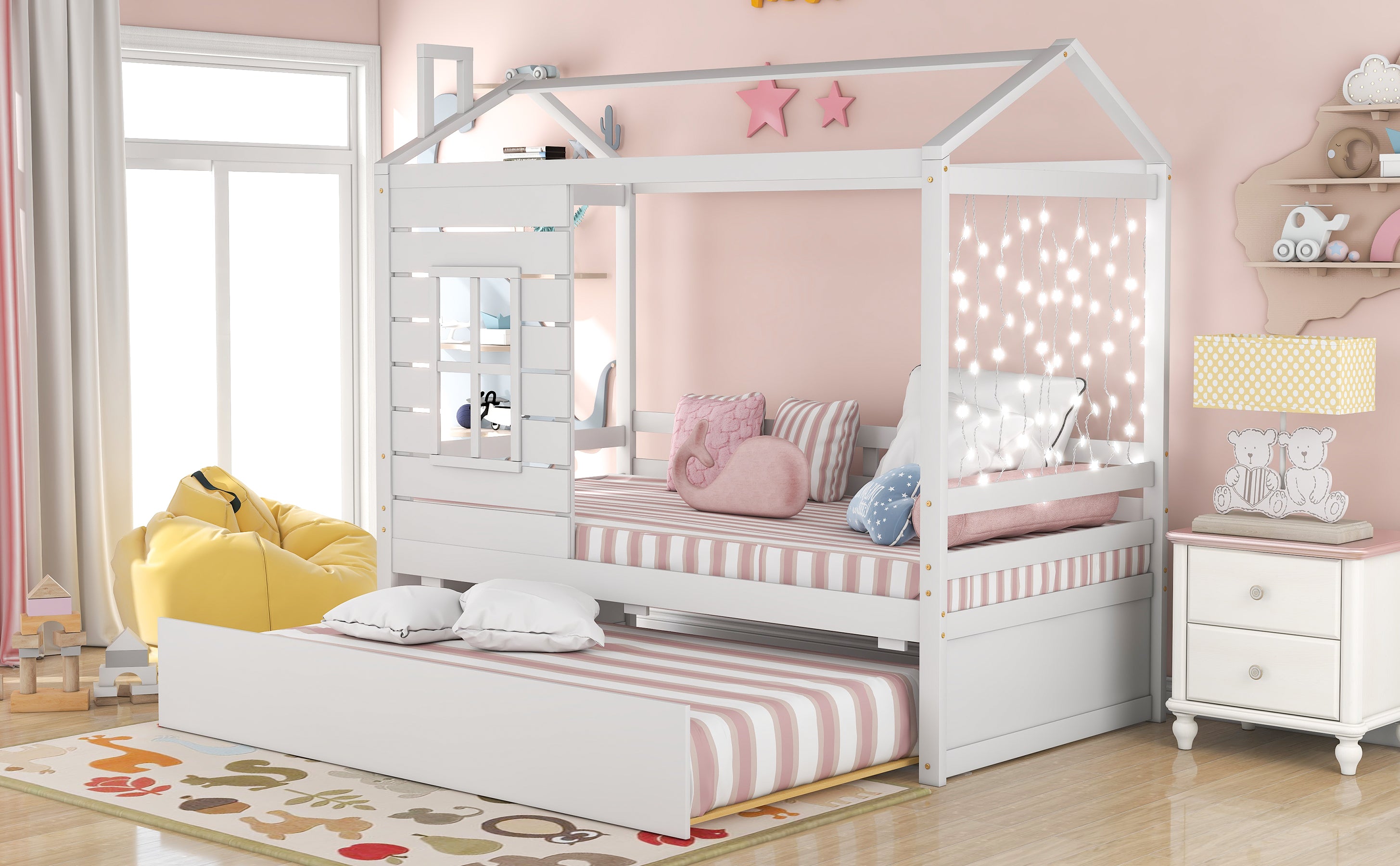 Twin Size House Bed Wood Bed with Twin Size Trundle ( White ) - Atlantic Fine Furniture Melbourne FL