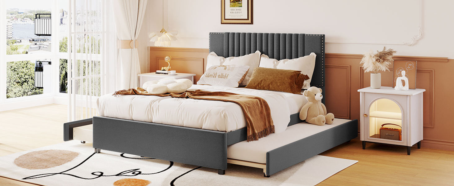 Full Size Upholstered Platform Bed with 2 Drawers and 1 Twin Size Trundle, Classic Headboard Design, Gray - Atlantic Fine Furniture Melbourne FL