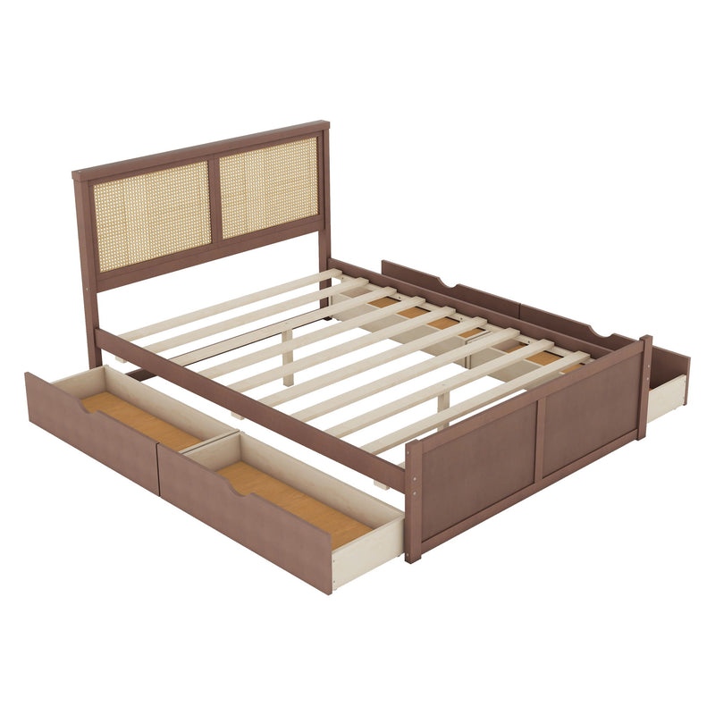 Storage Platform Bed With 4 Drawers, Rattan Headboard