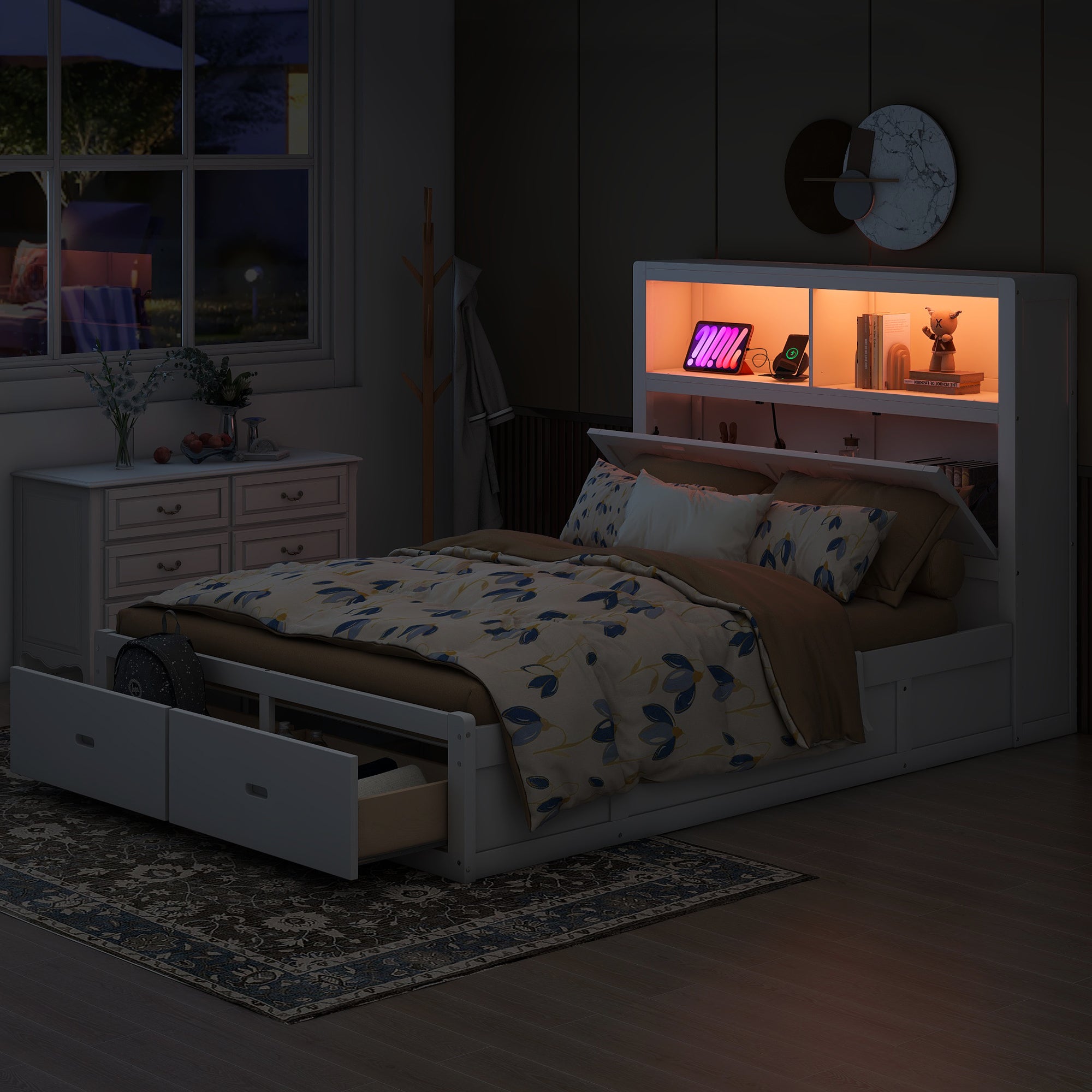 Wood Queen Size Hydraulic Platform Bed with Storage LED Headboard, Charging Station and 2 Drawers, White - Atlantic Fine Furniture Melbourne FL