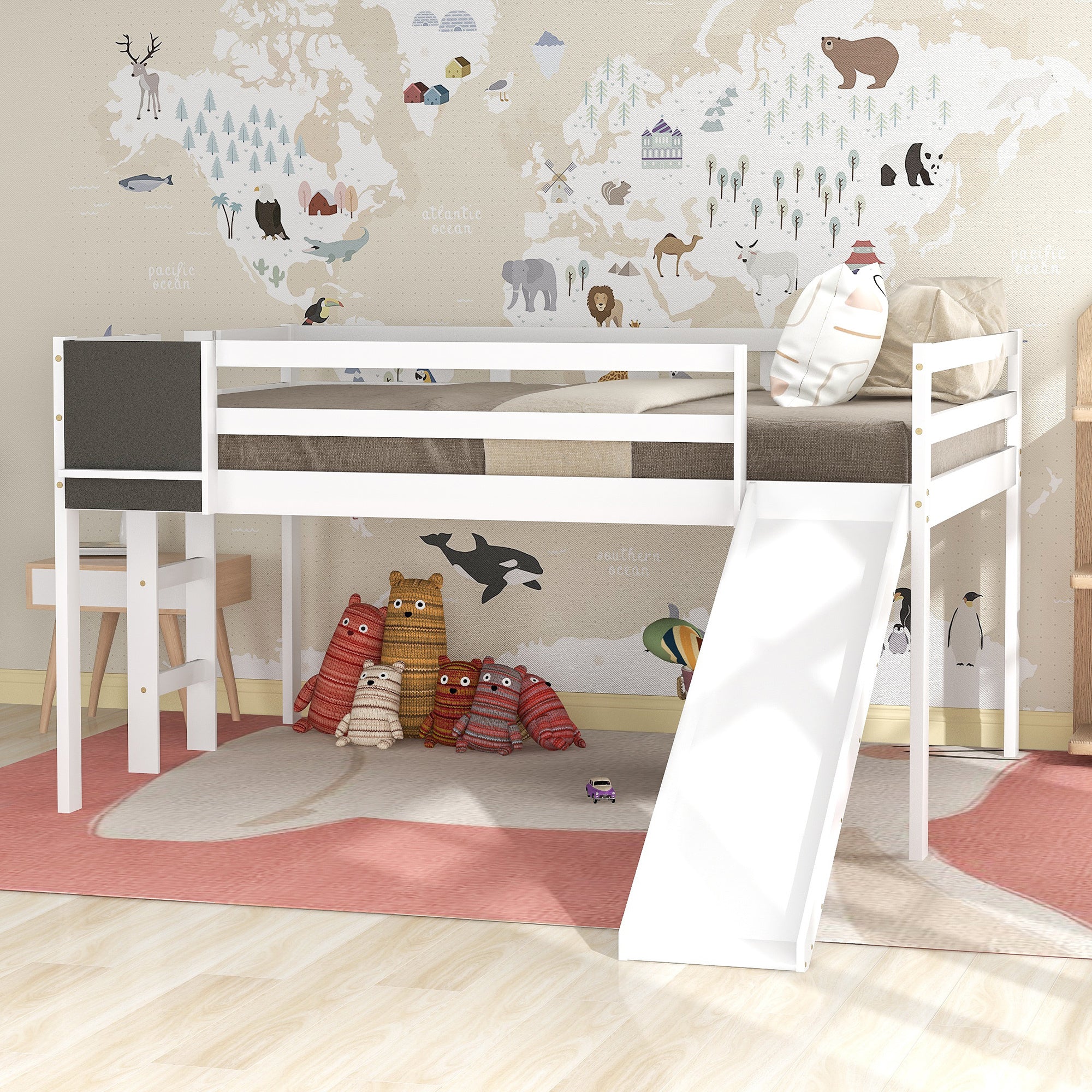 Full size Loft Bed Wood Bed with Slide, Stair and Chalkboard,White(Old SKU:WF282116AAK) - Atlantic Fine Furniture Melbourne FL