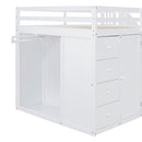 Full Size Wood Loft Bed With Built-in Wardrobes, Cabinets and Drawers, White