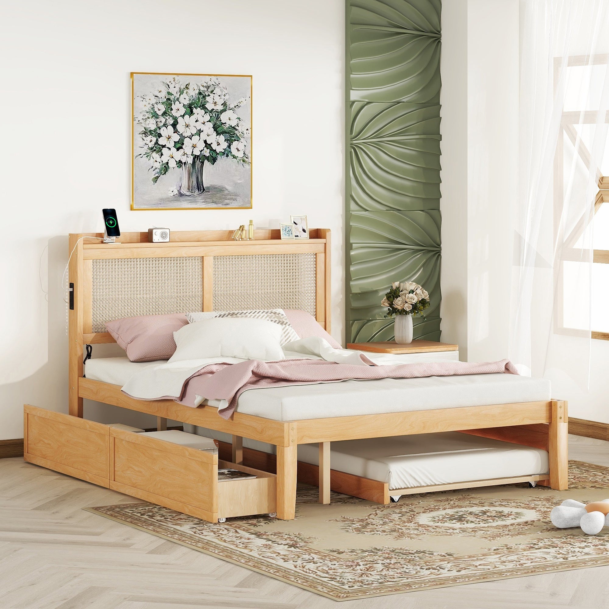 Queen Size Elegant Bed Frame with Rattan Headboard and Sockets ,Walnut - Atlantic Fine Furniture Melbourne FL