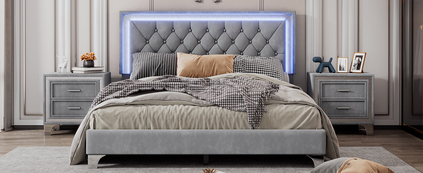 Queen Size Upholstered Bed Frame with LED Lights,Modern Velvet Platform Bed with Tufted Headboard,Gray - Atlantic Fine Furniture Melbourne FL