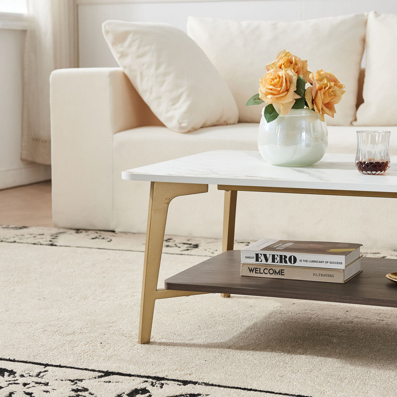 Coffee Table Rectangular Center Table For Living Room Open Space Side Table With Metal Frame - Golden / White
