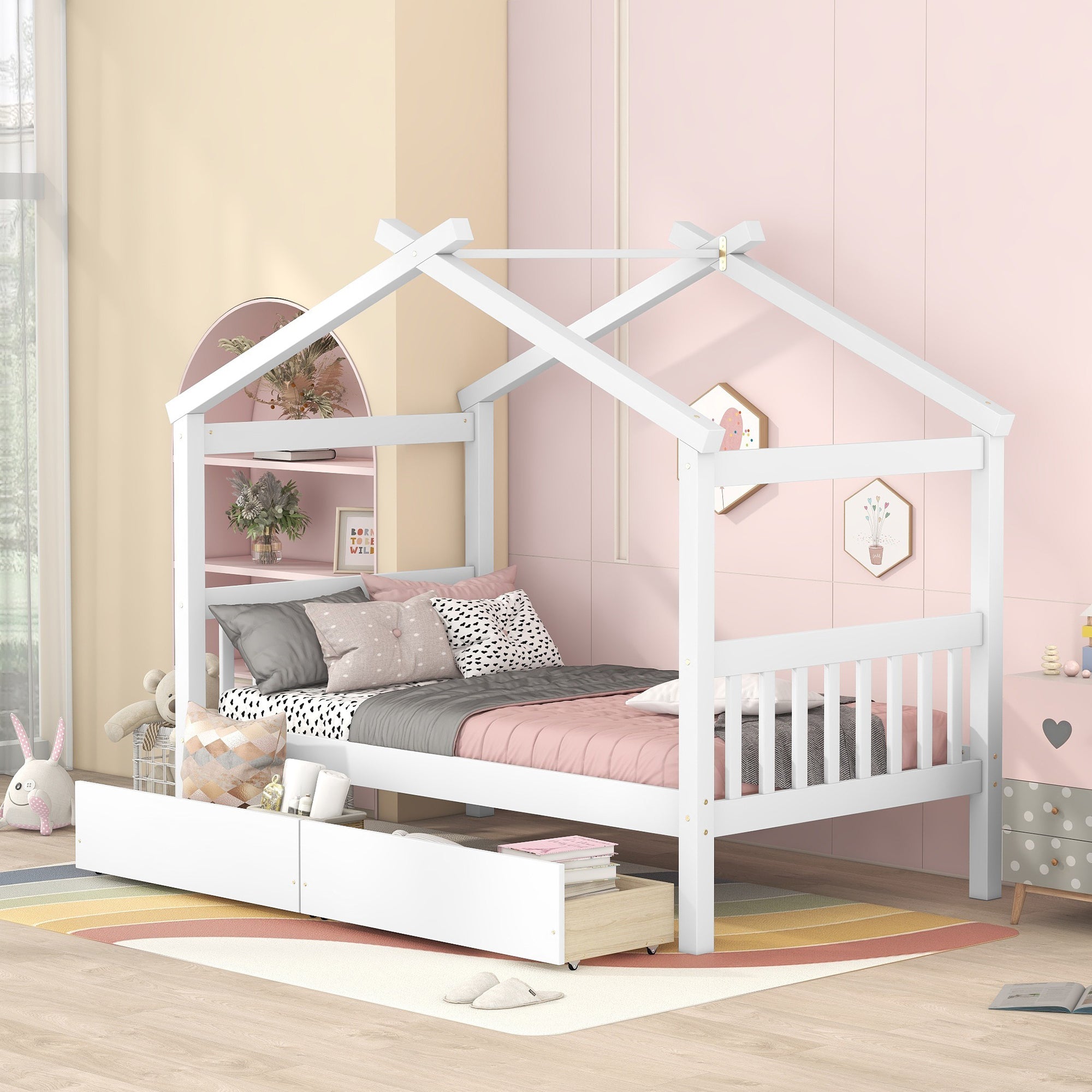 Twin Size Wooden House Bed with Drawers, White - Atlantic Fine Furniture Melbourne FL