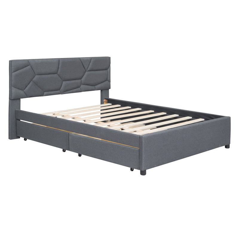 Upholstered Platform Bed With Brick Pattern Headboard And Twin Long Size Trundle