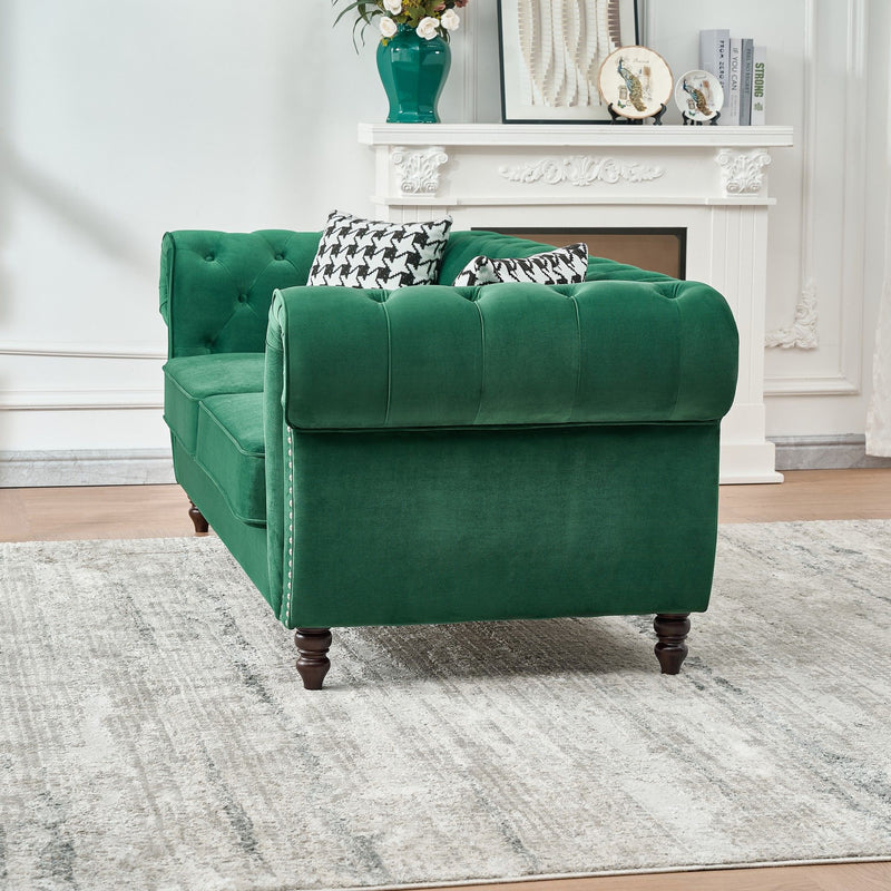 Chesterfield Velvet Fabric Sofa With Roll Armrest And Nailhead, Mid Century 2 Seater Couch