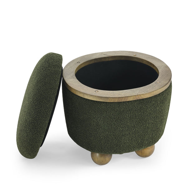 Modern Round Storage Ottoman With Cushioned Seat And Storage Space Dark Loop Yarn Small Size - Green