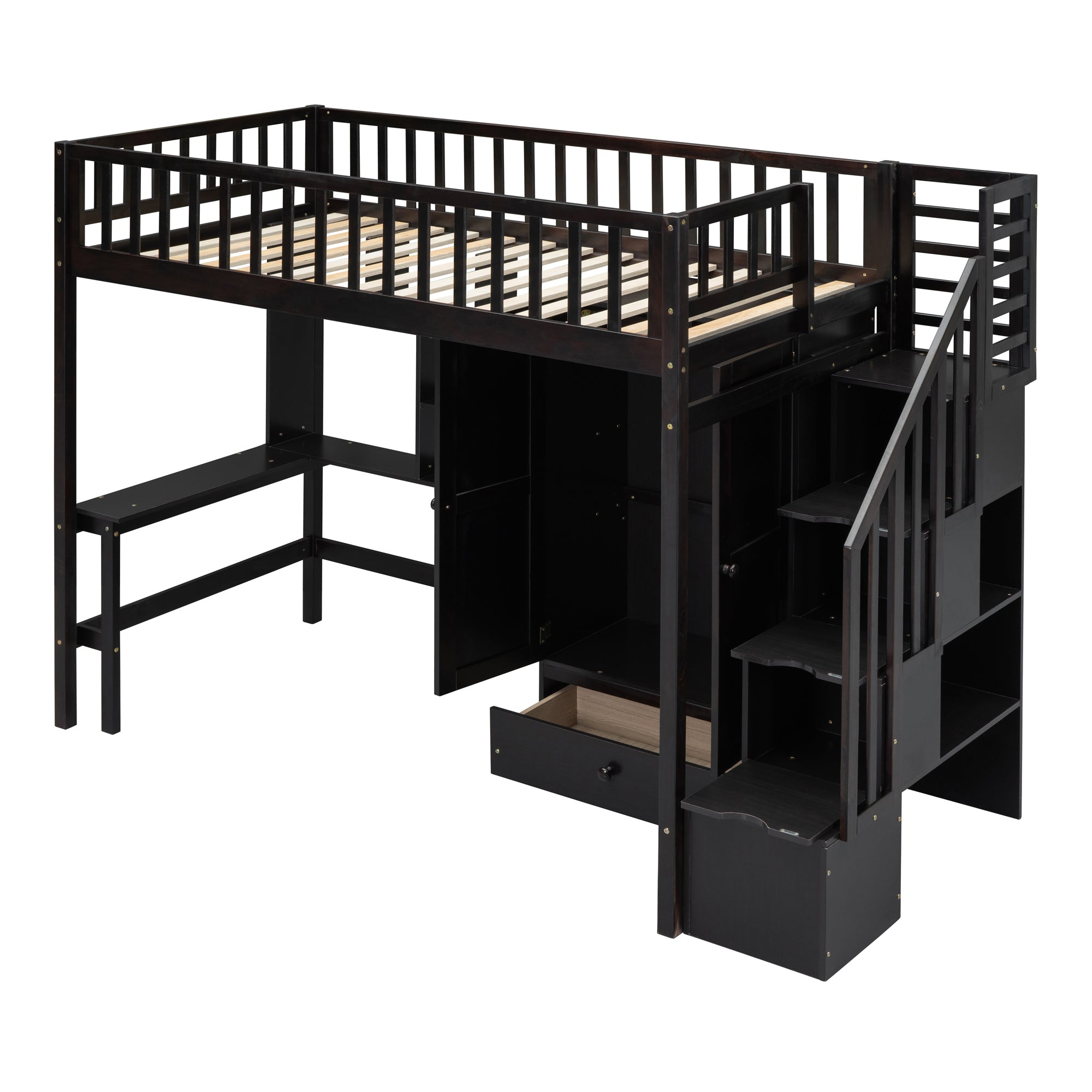 Twin size Loft Bed with Bookshelf,Drawers,Desk,and Wardrobe-Espresso - Atlantic Fine Furniture Melbourne FL