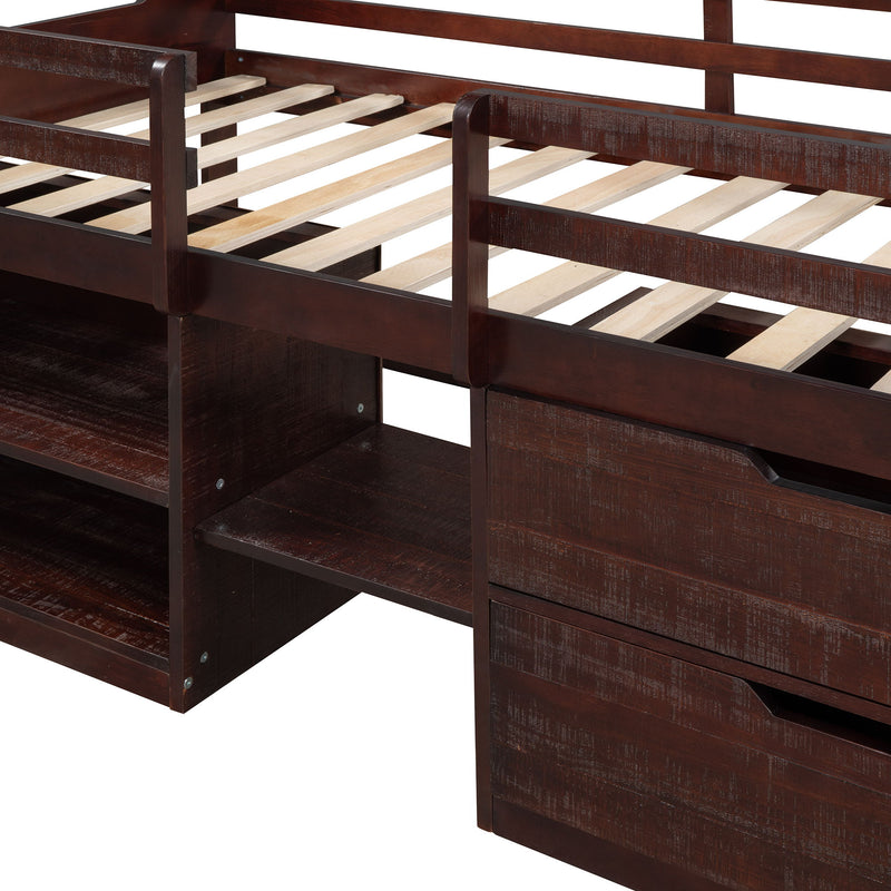 Twin Size Loft Bed With Two Shelves And Two Drawers