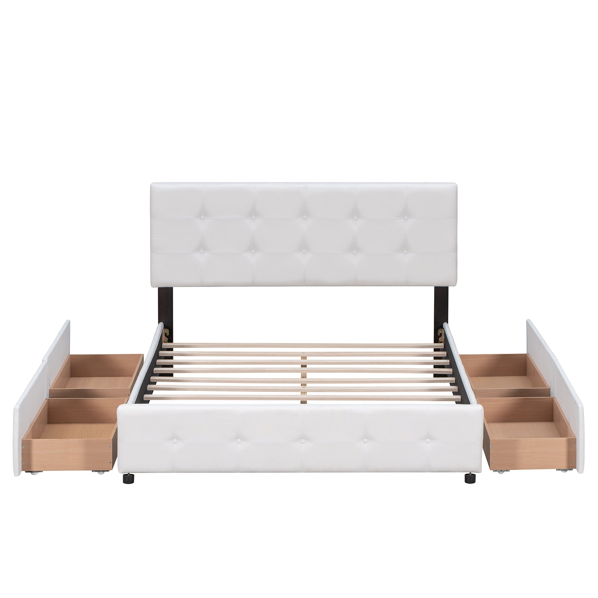 Upholstered Platform Bed with Classic Headboard and 4 Drawers, No Box Spring Needed, Linen Fabric, Queen Size White - Atlantic Fine Furniture Melbourne FL