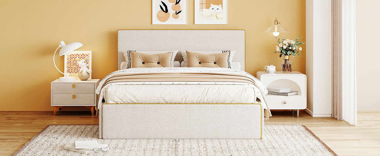 Full Size Upholstered Platform Bed with 4 Drawers and Golden Edge on the Headboard & Footboard, White - Atlantic Fine Furniture Melbourne FL