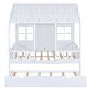 Full Size Wood House Bed With Twin Size Trundle, Wooden Daybed, White