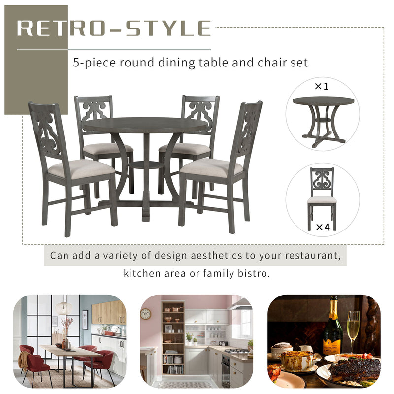 5 Piece Round Dining Table And Chair Set With Unique Legs And Hollow Chair Back