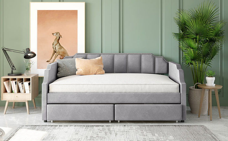 Upholstered Daybed With Drawers, Slat Support