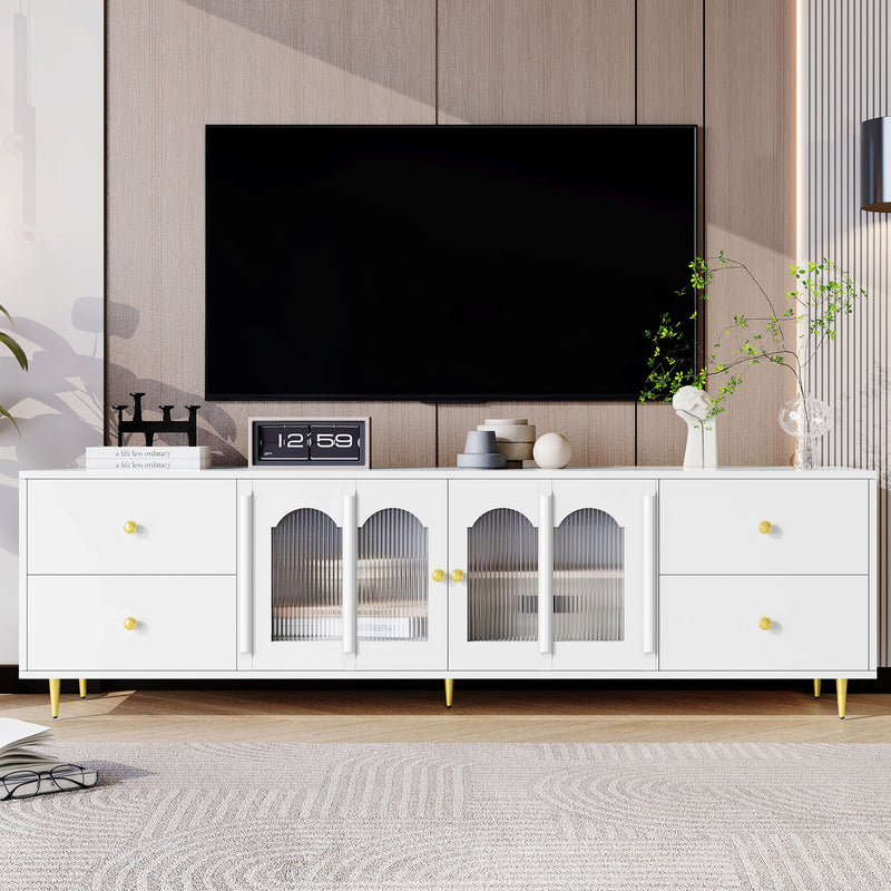 Modern TV Stand With Glass Door, 4 Drawers And 2 Cabinets