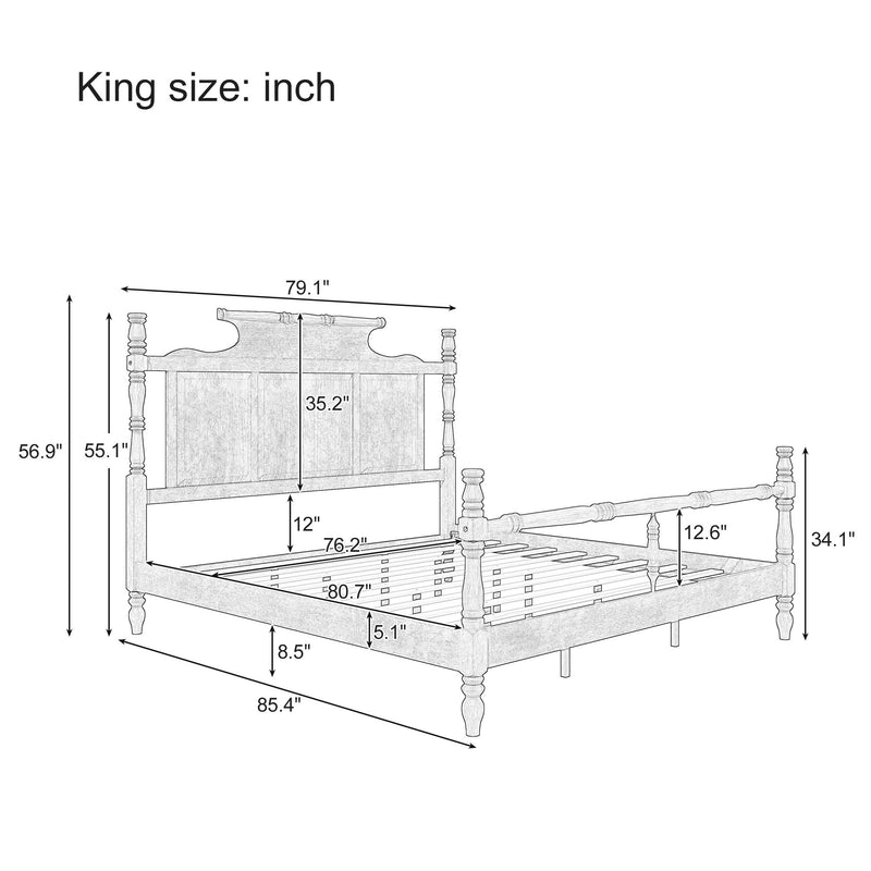 Vintage Country Style 4 Poster Platform Bed With High Crown Like Headboard, No Box Spring Needed