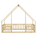 Wood House-Shaped Floor Bed With Fence, Guardrails