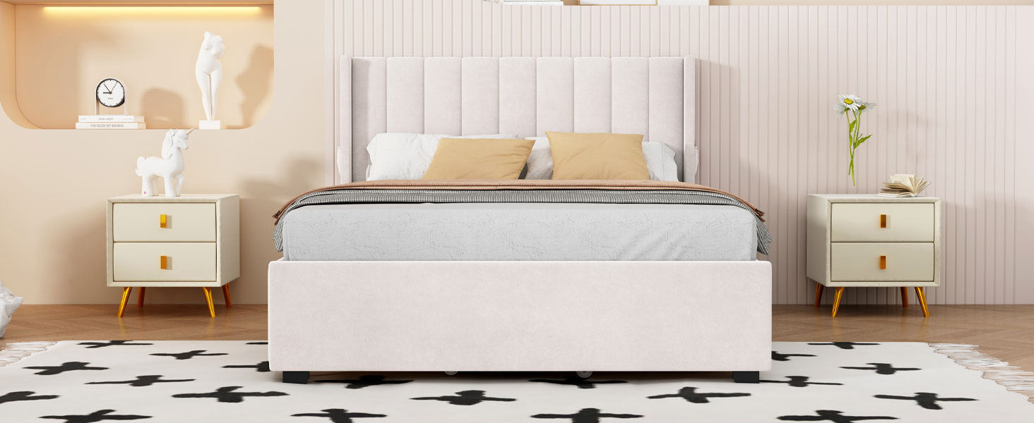 Full Size Upholstered Bed with 4 Drawers, Beige - Atlantic Fine Furniture Melbourne FL