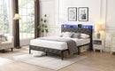 Queen Bed Frame with Storage Headboard, Charging Station and LED Lights, Upholstered Platform Bed with Heavy Metal Slats, No Box Spring Needed, Noise Free, Easy Assembly, Dark Gray