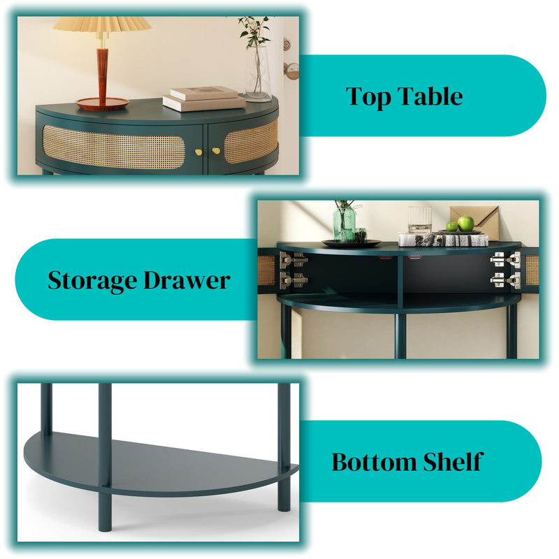 Boho Rattan Semi Circle End Table With Sliding Rattan Door, Storage And Bottom Shelf