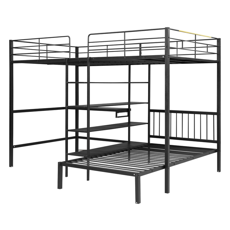 Full Over Twin Bunk Bed With Built In Desk, Shelves And Ladder - Black