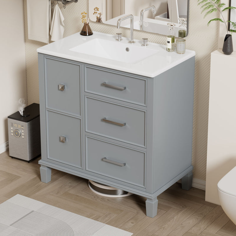 Bathroom Vanity With Ceramic Sink, Flip Out Drawer Design For Plumbing, Soft Close Drawers