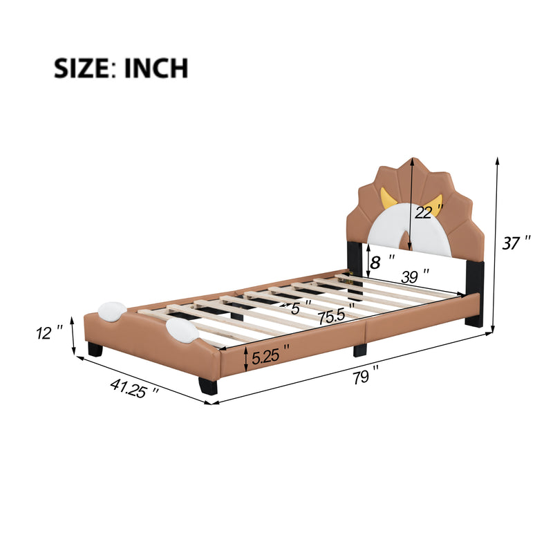 Twin Size Upholstered Leather Platform Bed with Lion-Shaped Headboard, Brown