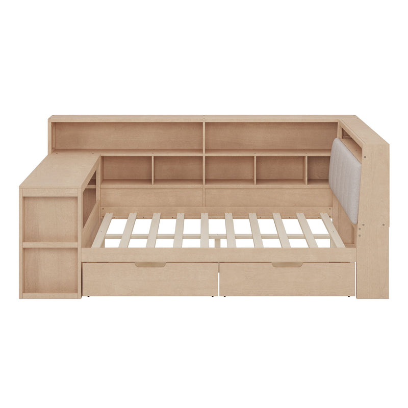 L Shaped Daybed With Desk, Bookcase, Upholstered Headboard, Drawers, And LED Light