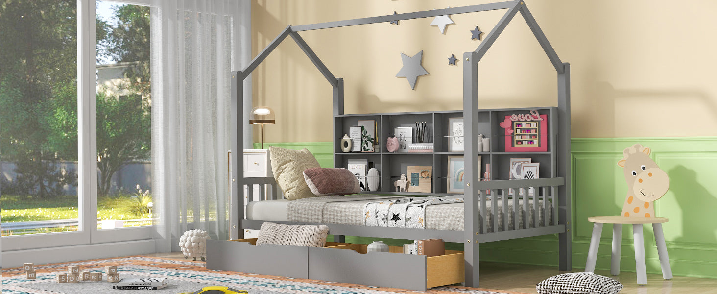 Wooden Twin Size House Bed with 2 Drawers,Kids Bed with Storage Shelf, Gray - Atlantic Fine Furniture Melbourne FL