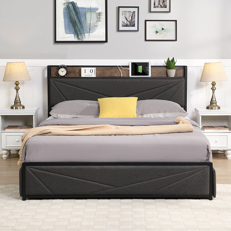 Full Bed Frame, Storage Headboard with Charging Station, Solid and Stable, Noise Free, No Box Spring Needed, Easy Assembly
