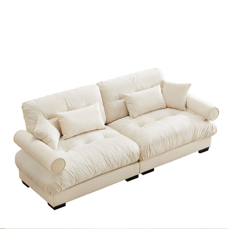 Modern Velvet Sofa With Bolstered Armrests And Pillows