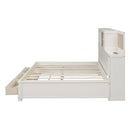 Full Size Wooden Daybed with 3 Storage Drawers, Upper Soft Board, shelf, and a set of Sockets and USB Ports, White