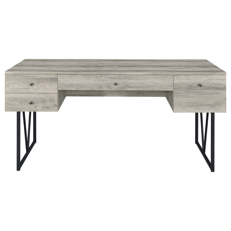 Rustic Industrial Charm Writing Desk With 4 Drawers And Open Shelf
