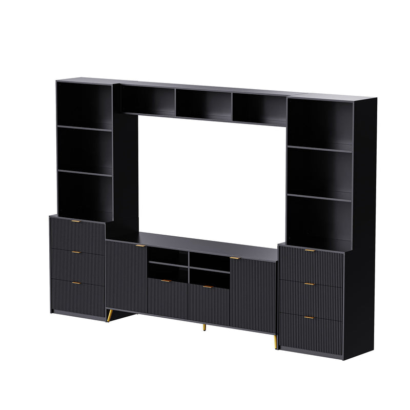 U-Can 4 Piece Entertainment Wall Unit With 13 Shelves, 8 Drawers And 2 Cabinets, Multifunctional TV Stand Media Storage Cabinet With Fluted Line Surface For Living Room, For TVs Up To 70"