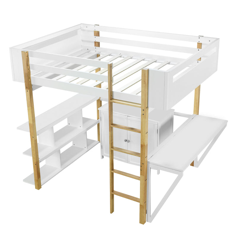 Full Size Wood Loft Bed With Built-in Storage Cabinet and Cubes, Foldable desk, White