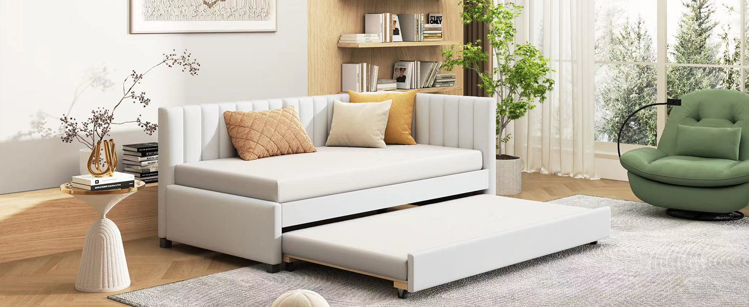 Upholstered Daybed with Trundle Twin Size Sofa Bed Frame No Box Spring Needed, Linen Fabric(Beige) - Atlantic Fine Furniture Melbourne FL