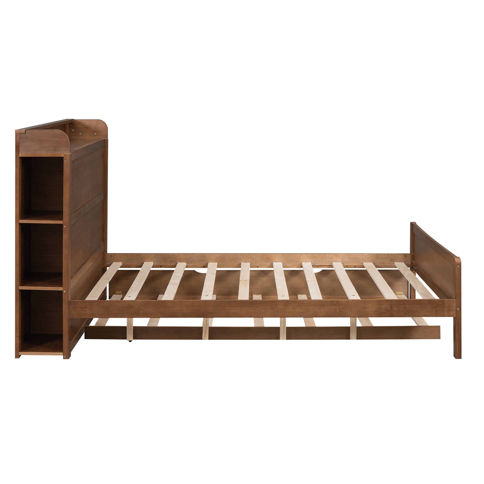 Full Size Platform Bed with Storage Headboard and Twin Size Trundle, Walnut - Atlantic Fine Furniture Melbourne FL
