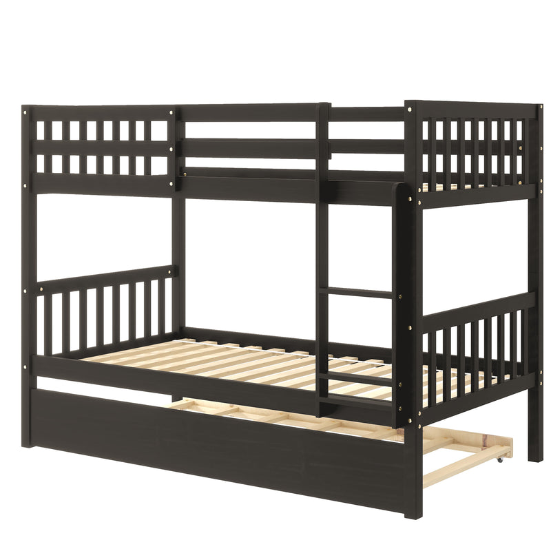 Twin Over Twin Bunk Beds with Trundle, Solid Wood Trundle Bed Frame with Safety Rail and Ladder, Kids/Teens Bedroom, Guest Room Furniture, Can Be converted into 2 Beds,Espresso